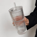 Large Capacity  Stripe Glass Coffee Cup With Lid Cover Straw Transparent Drinking Glasses For Juice Iced Coffee Mugs Drinkware
