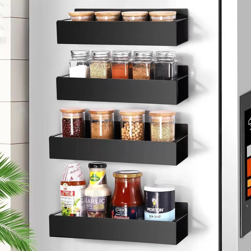 2 Pack Magnetic Spice Rack for Refrigerator Kitchen Magnetic Fridge Shelf Black No Drill Spice Food Organizer Black Jar Holder