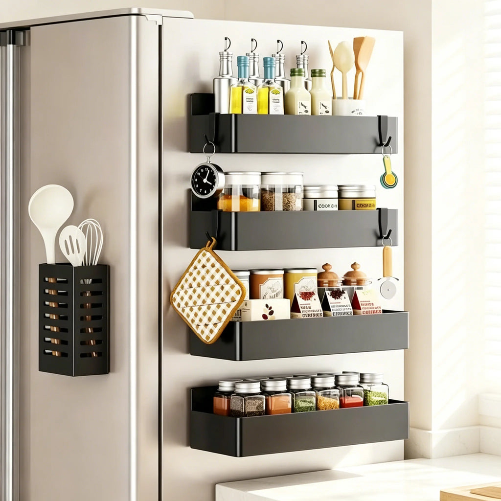 2 Pack Magnetic Spice Rack for Refrigerator Kitchen Magnetic Fridge Shelf Black No Drill Spice Food Organizer Black Jar Holder