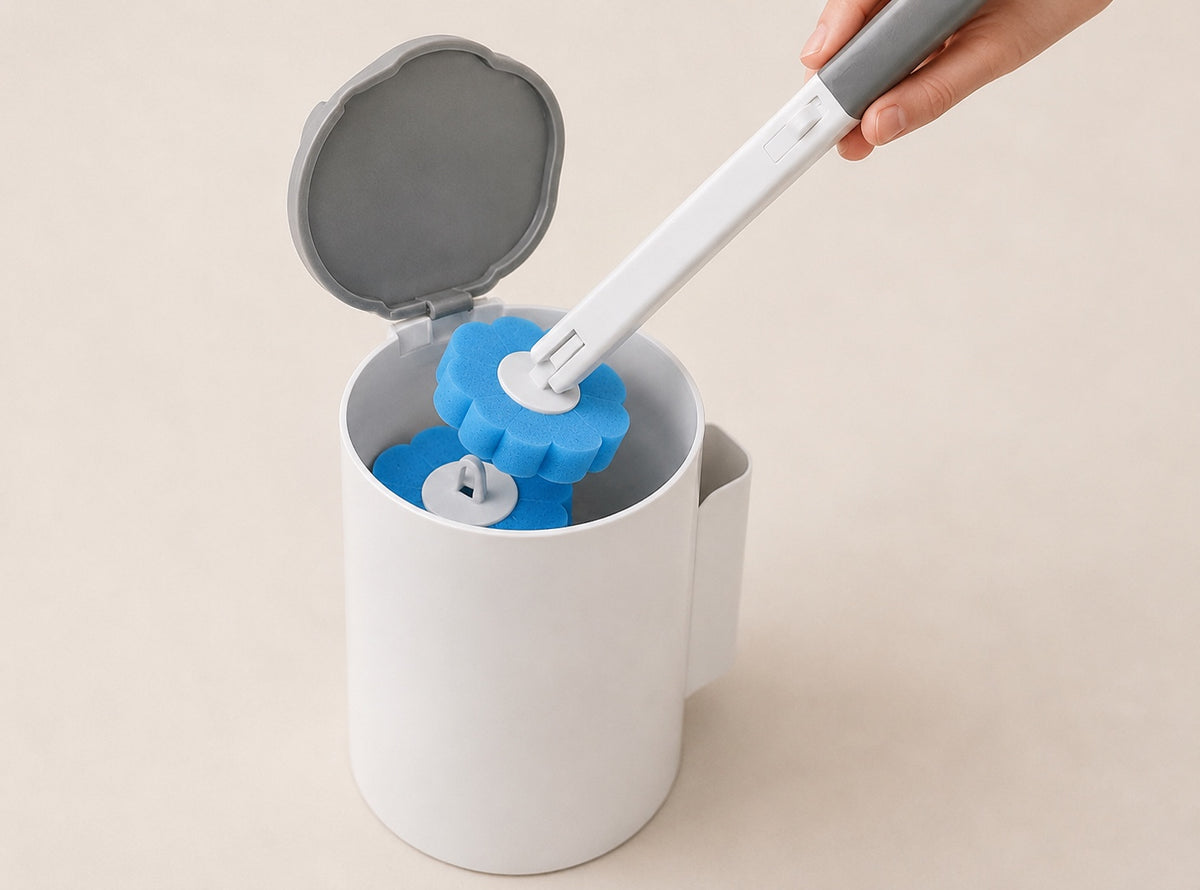 HOMI reusable wand picking up a fresh blue disposable cleaning head from the holder