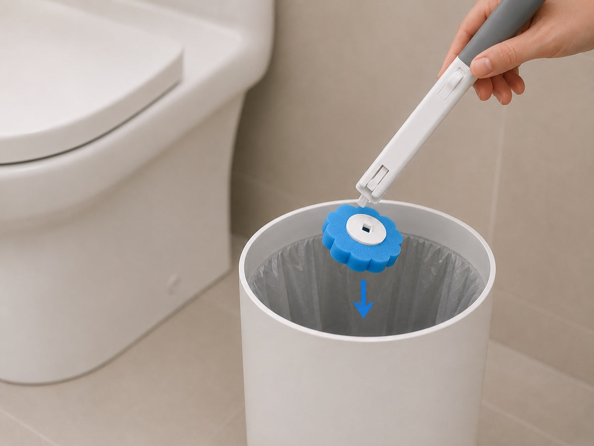 Disposing of a used HOMI cleaning head in a trash bin after cleaning